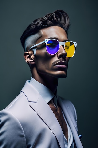 Homme élégant avec des lunettes de soleil et des vêtements de détails blancs Generative AI