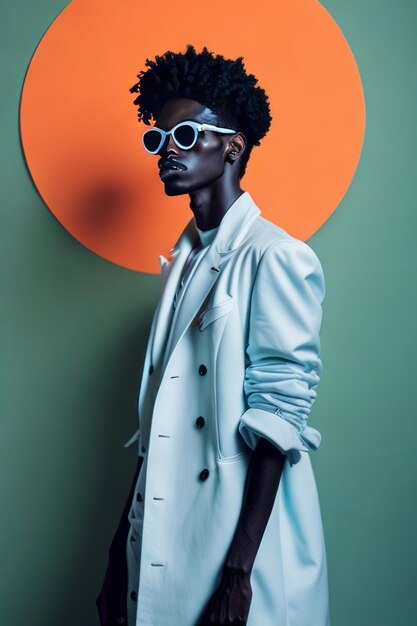 Homme élégant avec des lunettes de soleil et des vêtements de détails blancs Generative AI