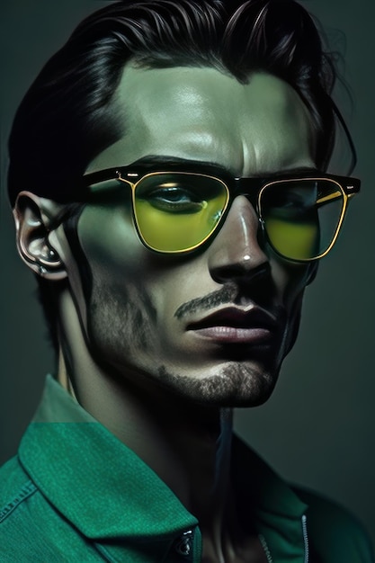 Homme élégant avec des lunettes de soleil et des vêtements de détails bleus Generative AI