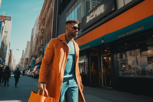 un homme élégant avec des sacs d'achat marchant de l'autre côté de la rue à SOHO New York homme de voyage avec voyage