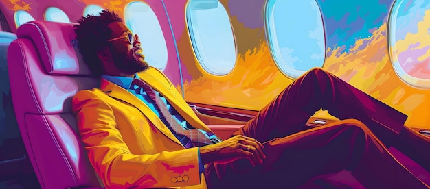 Un homme élégant se détendant dans un siège d'avion style artistique coloré voyage et loisirs art conceptuel IA