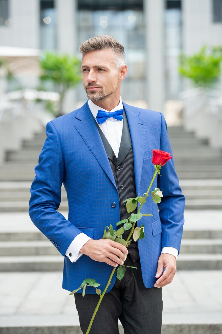 Photo homme élégant en smoking à l'occasion romantique homme avec cadeau romantique bel homme romantique avec rose