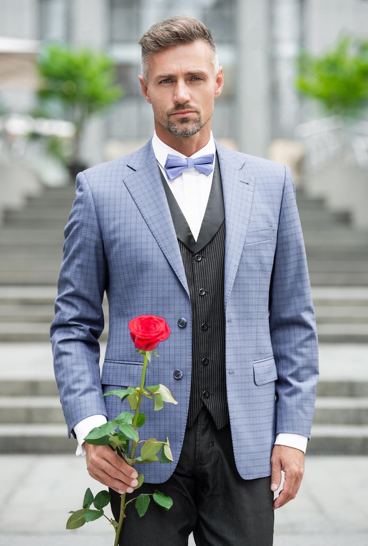 Photo un homme élégant en smoking pour une occasion romantique, un homme avec un cadeau romantique.