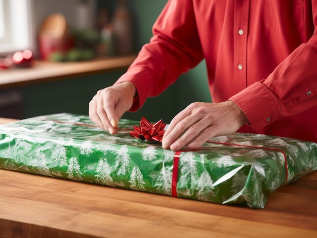 Un homme emballant des cadeaux avec du papier d'emballage sur le thème des fêtes