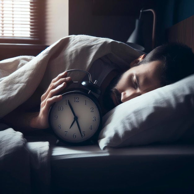 l'homme endormi paresseux de se réveiller avec l'horloge ai générative