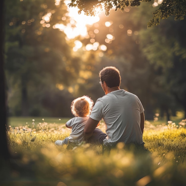 Homme et enfant assis dans l'herbe, père et fils, profitant de la détente en plein air