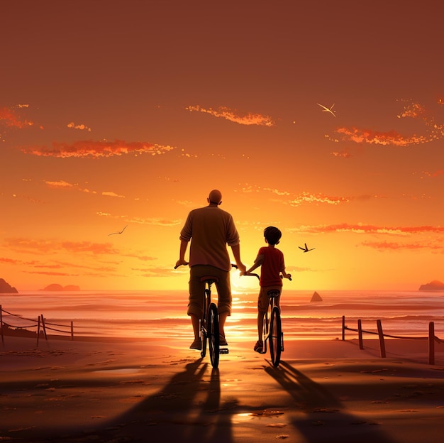 un homme et un enfant font du vélo sur la plage au coucher du soleil.