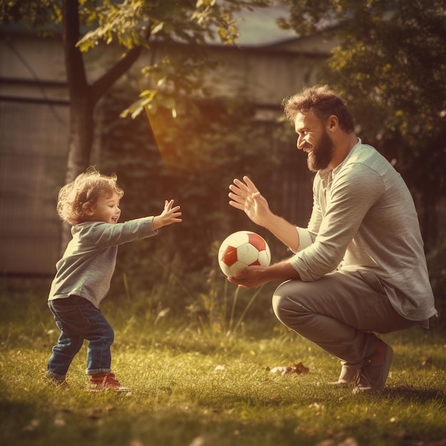 Un homme et un enfant jouant au ballon dans un parc.
