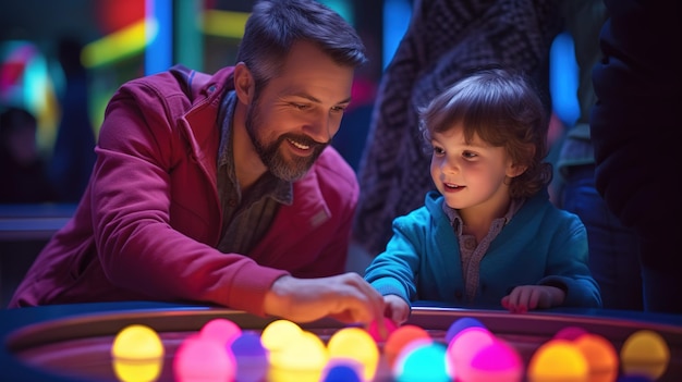 Un homme et un enfant jouent avec une boule de lumière