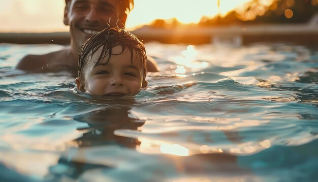 Un homme et un enfant jouent dans une piscine.