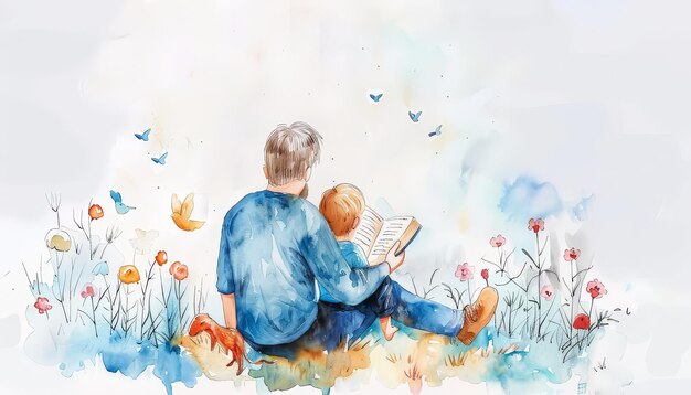 Un homme et un enfant lisent un livre ensemble.
