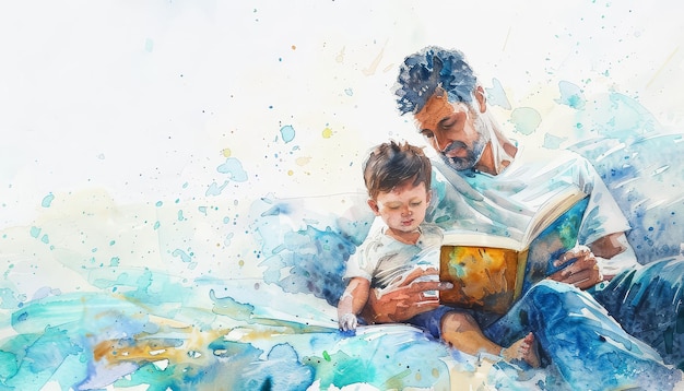 Un homme et un enfant lisent un livre ensemble.