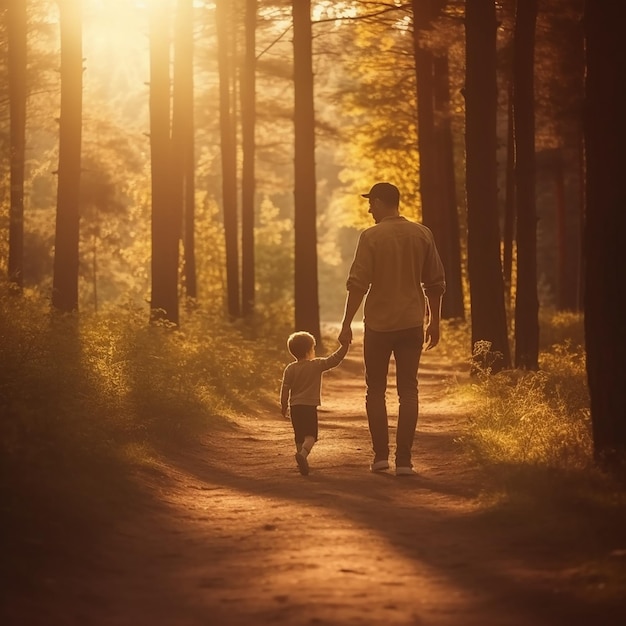 Un homme et un enfant marchent dans un chemin en se tenant la main.