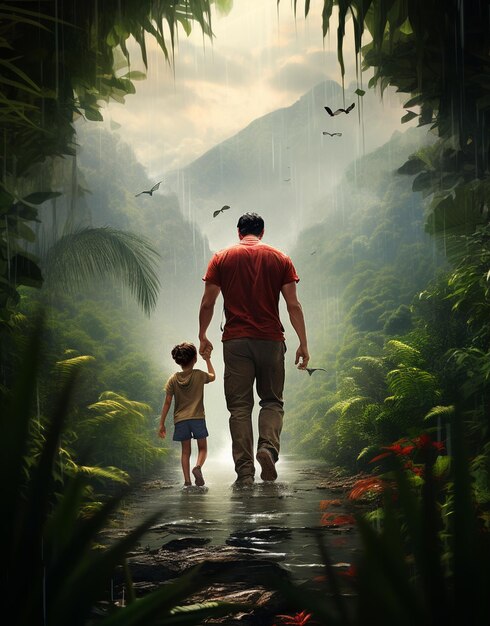 Un homme et un enfant marchent dans la jungle avec des oiseaux qui volent au-dessus d'eux.