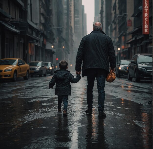 Un homme et un enfant marchent dans une rue avec un panneau rouge qui dit "Bienvenue dans la ville".