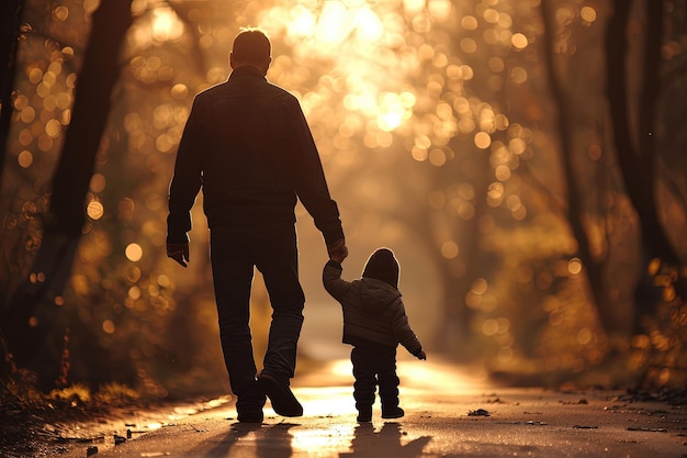 Un homme et un enfant marchent sur une route.