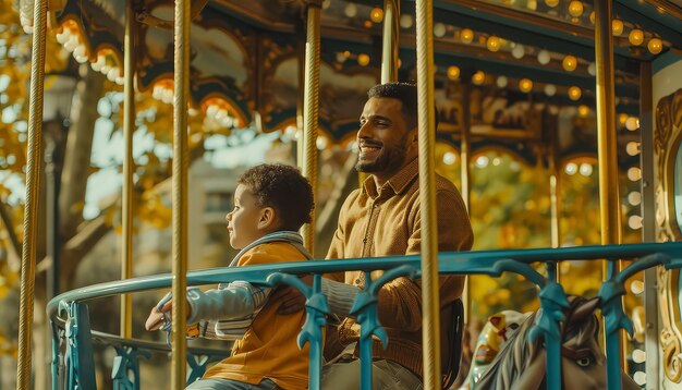 Photo un homme et un enfant montent un carrousel.