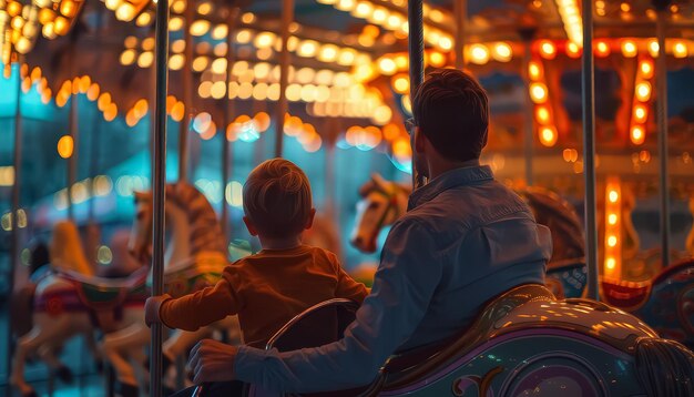 Un homme et un enfant montent un carrousel.