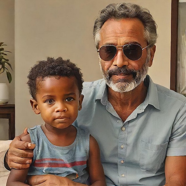 un homme et un enfant posent pour une photo avec le mot le dessus