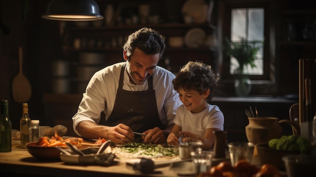 Un homme et un enfant préparent la nourriture ensemble dans une cuisine confortable montrant un moment chaleureux de la famille t