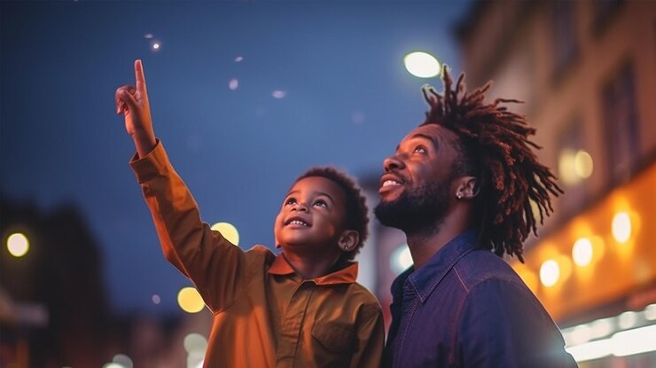 Un homme et un enfant regardent une lumière avec les mots feu en arrière-plan