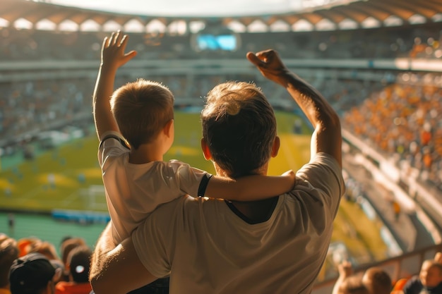 Un homme et un enfant regardent un match de football.