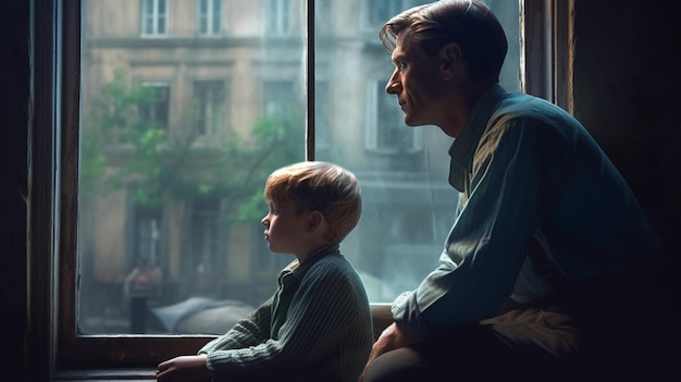 Un homme et un enfant regardent par la fenêtre.