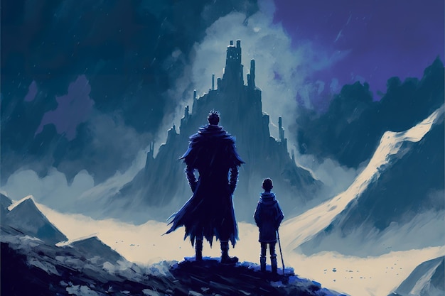 Un homme et un enfant regardent les ruines
