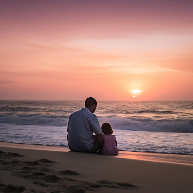 Un homme et un enfant s'assoient sur la plage et regardent le coucher du soleil