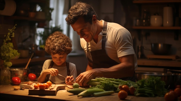 Un homme et un enfant se lient alors qu'ils préparent un délicieux repas ensemble dans une cuisine confortable