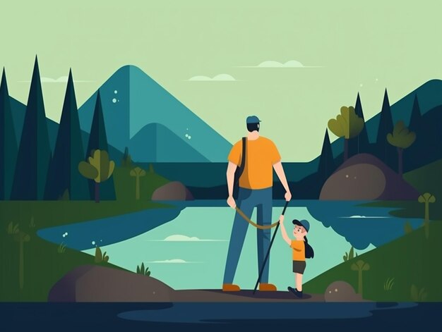 Un homme et un enfant se tiennent au bord d'une rivière avec une montagne en arrière-plan.
