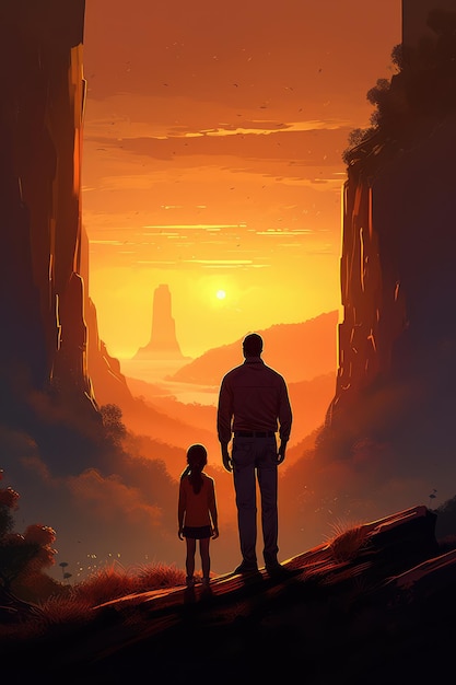 Un homme et un enfant se tiennent devant un coucher de soleil.