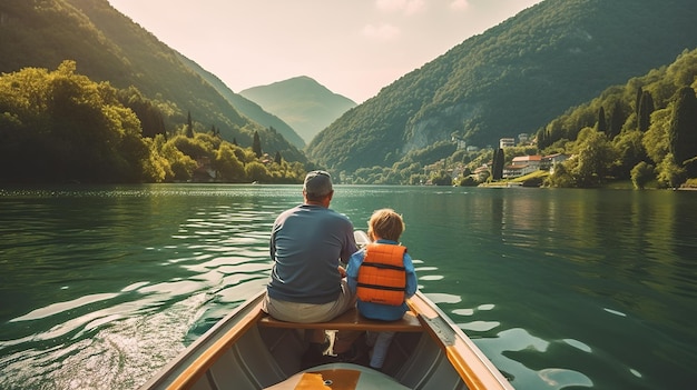 Un homme et un enfant sont assis dans un bateau Image AI générative