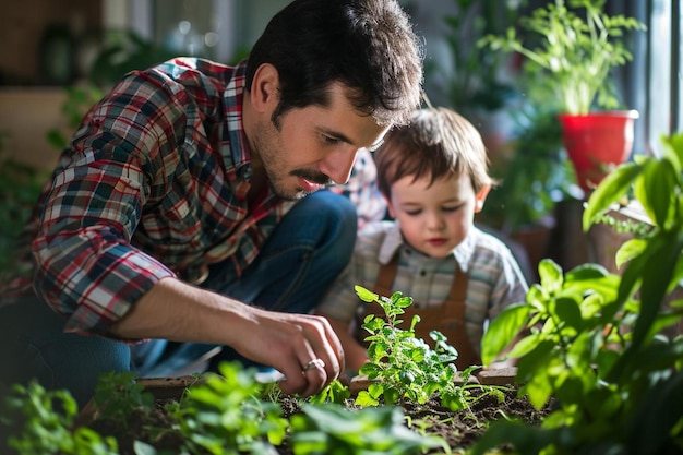 un homme et un enfant sont dans un jardin