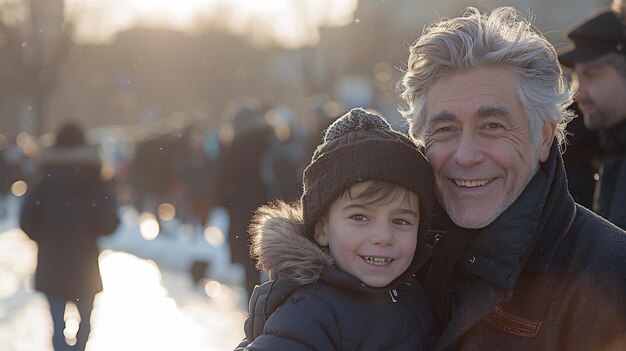 Un homme et un enfant sourient à la caméra.