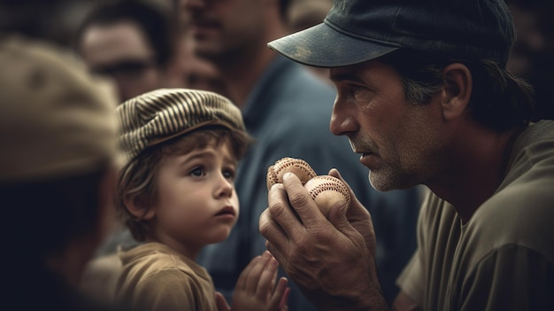 Un homme et un enfant tiennent de la nourriture devant une foule.