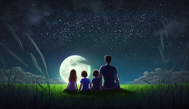 Un homme et des enfants sont assis sur une pelouse et regardent la lune.