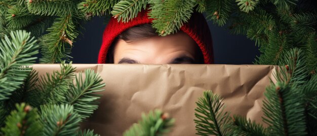 Photo un homme enjoué se cachant derrière l'arbre de noël