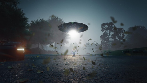 Photo homme enlevé par ufo alien abduction concept rendu 3d