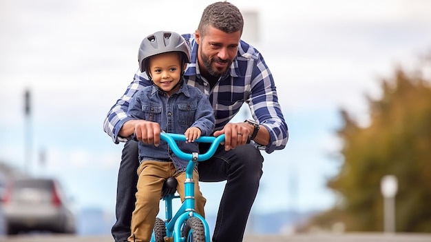 Un homme enseignant à un jeune garçon comment faire du vélo image ai générative