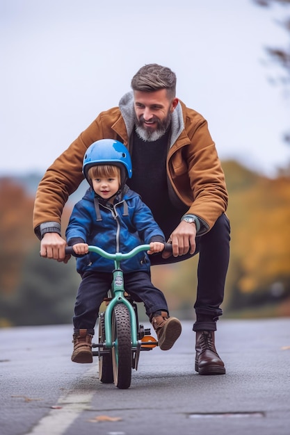 Un homme enseignant à un jeune garçon comment faire du vélo image ai générative