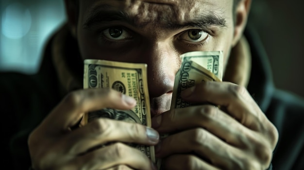 Un homme entouré de billets d'un dollar avec des émotions sur son visage générées par l'intelligence artificielle.