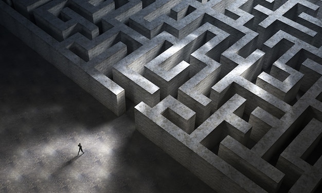 Homme entrant dans un immense labyrinthe mystérieux. Concept d'entreprise et de vie. Rendu 3D