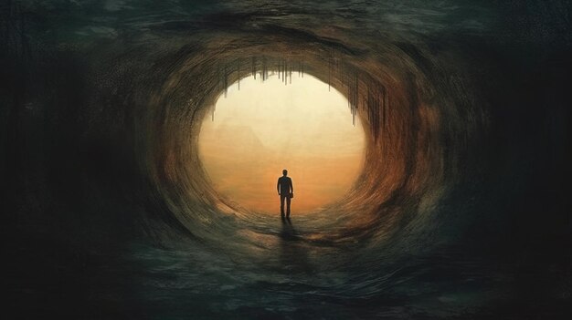 un homme entre dans un tunnel sombre avec un homme debout au milieu