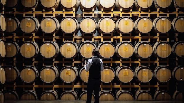 Homme à l'entrepôt de bière Baril de bière de vin en bois brun fond empilé