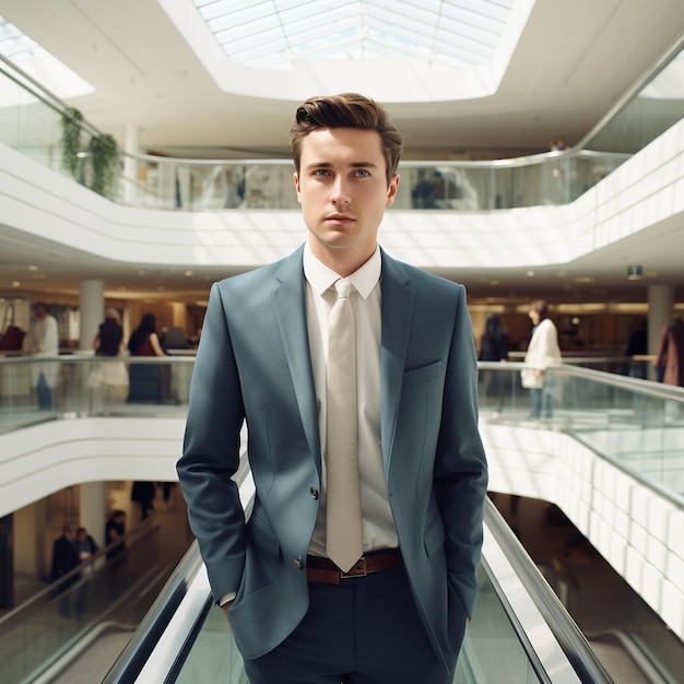 Un homme d'entreprise fait du shopping dans un centre commercial.