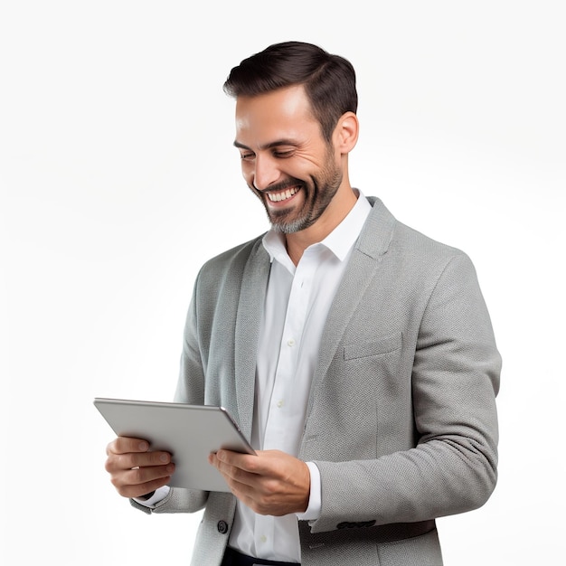 Un homme d'entreprise heureux utilisant une tablette, un homme averti regardant son téléphone portable avec un sourire.