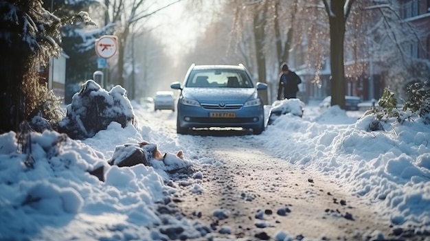 Un homme d'entretien d'hiver enlève la neige et la glace du chemin au milieu des voitures stationnées dans la cour d'une maison