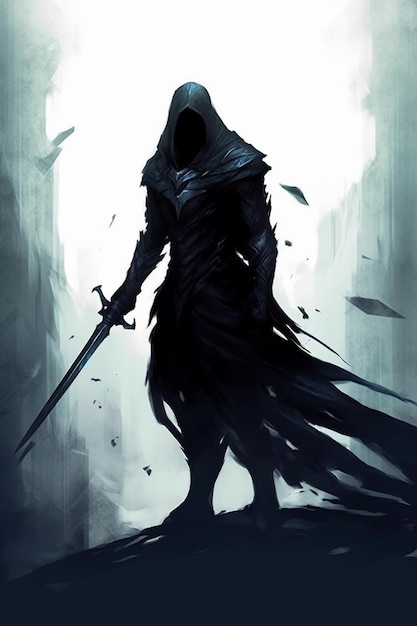Un homme avec une épée et une cagoule sur la tête se tient devant un mur.