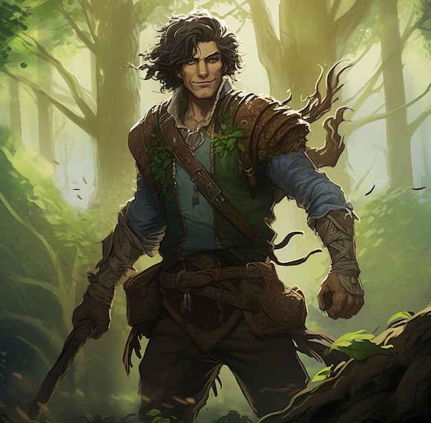 un homme avec une épée à la main marche dans une forêt